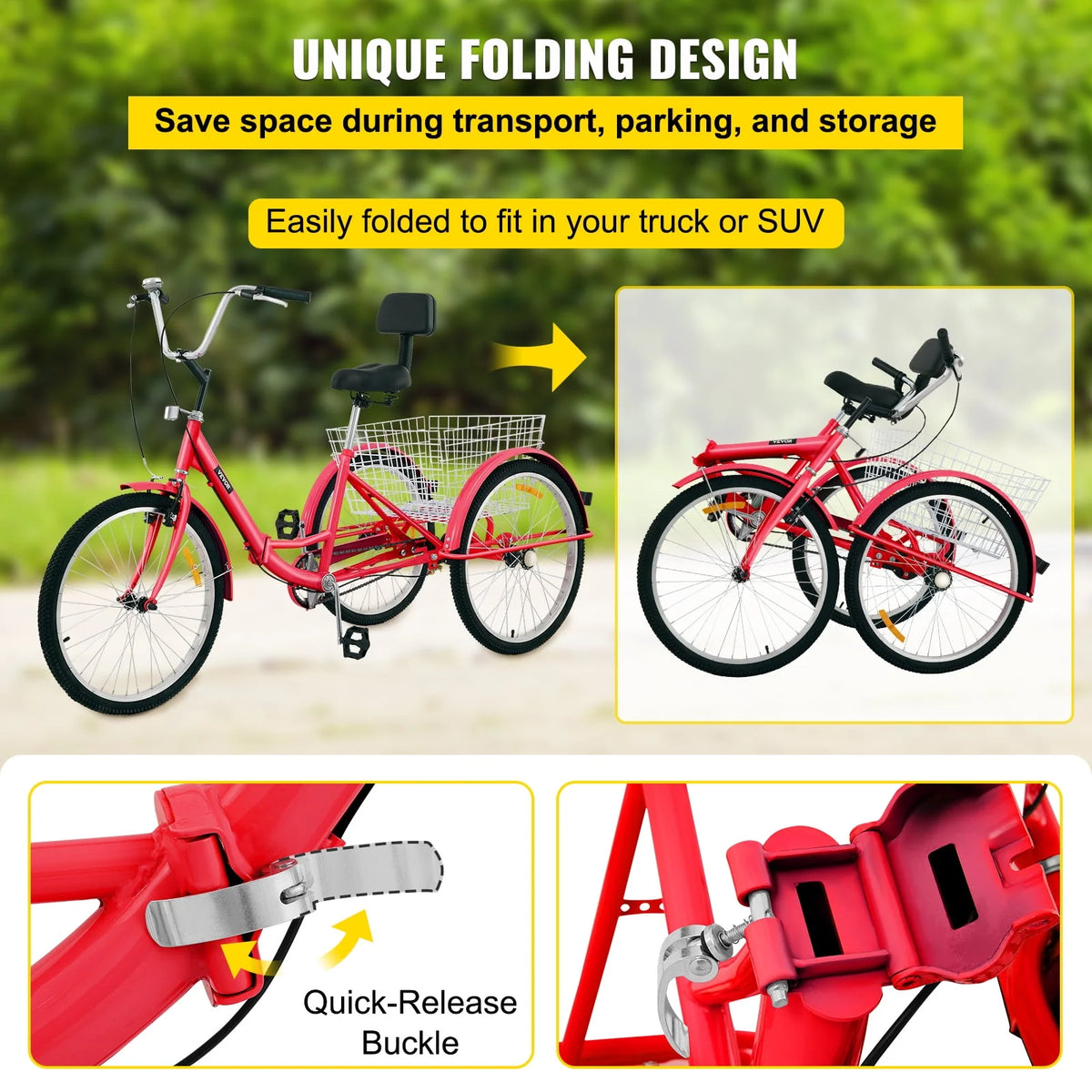 Foldable Tricycle 24 inch Wheels Red Trike with Basket U7443
