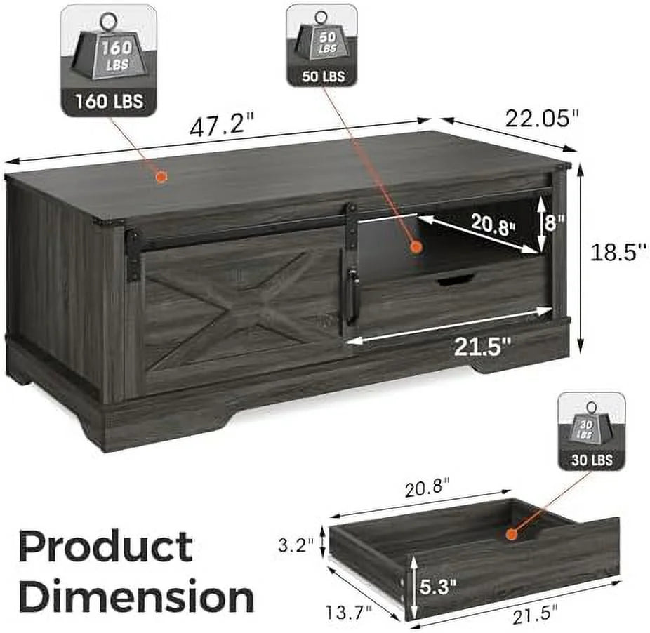 Light Grey 48'' Rustic Coffee Table with Sliding Barn Door K71442