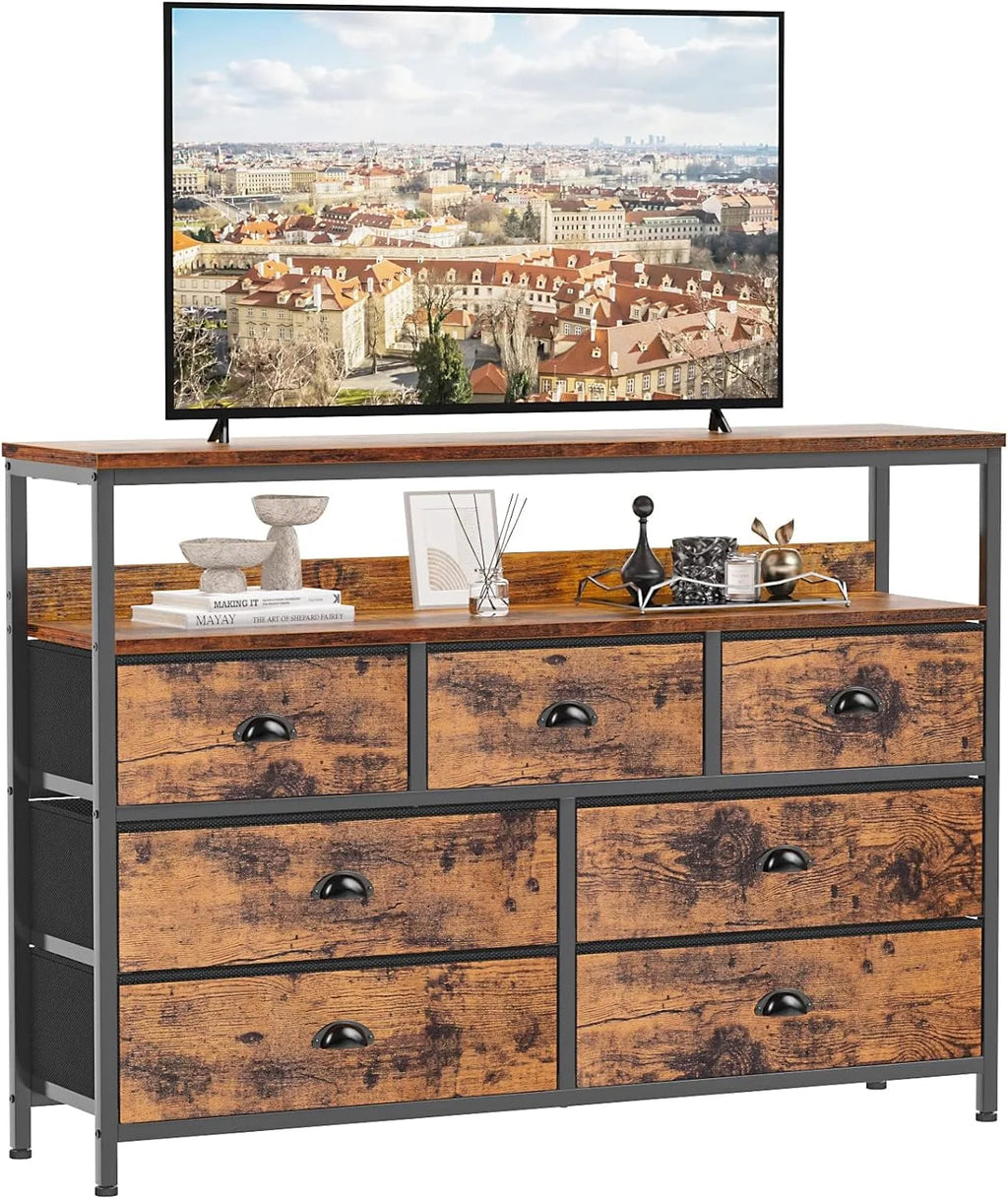 Rustic Brown TV Console Table with 7 Storage Drawers K935