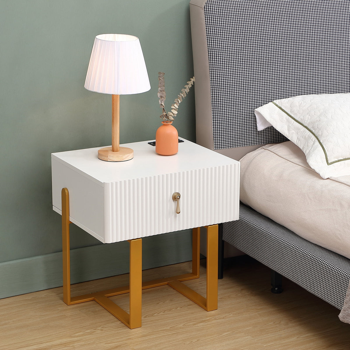 White Bedside Table with Drawers M722