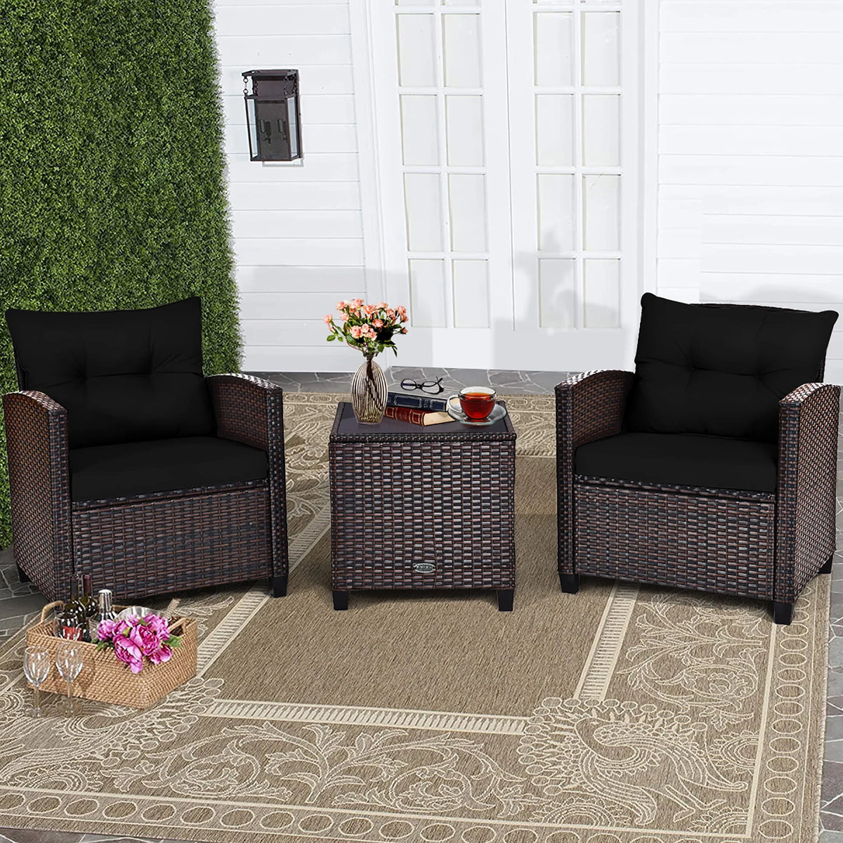 3 Pc Black Patio Rattan Furniture Set I234
