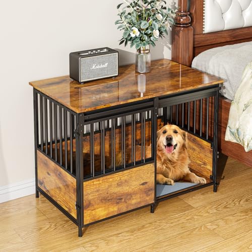41 Inch White Wooden Dog Crate Furniture with Divider & Double Doors T4055