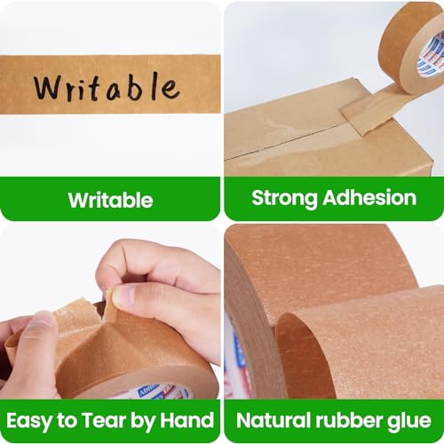 Kraft Paper Tape, 2 Inch x 60 Yards x 3 Rolls, Biodegradable Brown Packing Tape P37206