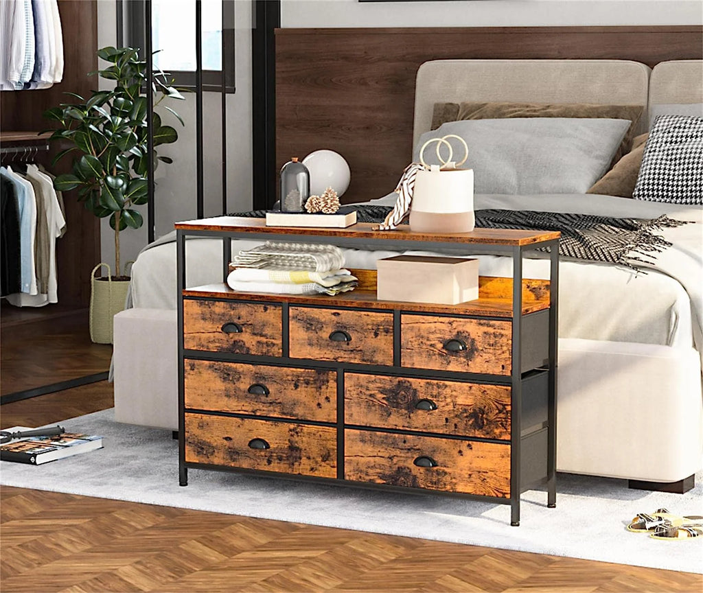 Rustic Brown TV Console Table with 7 Storage Drawers K935