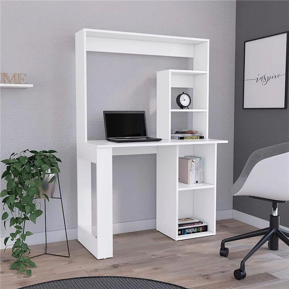 White Writing Computer Desk with Storage Shelves & Hutch U2202