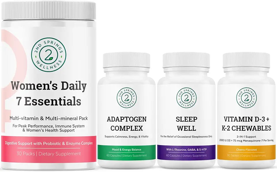 7 Essentials Adaptogen Complex Sleep Well Vitamin D3 K2 Chewables Bundle A2625