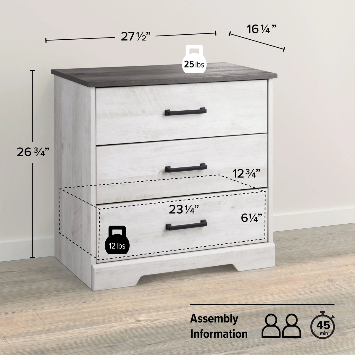3 Drawer Washed White Wood Nightstand D865576