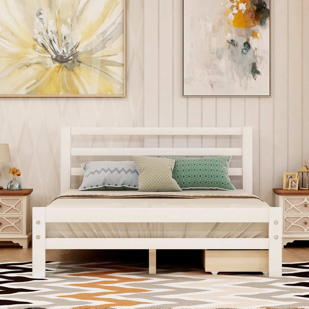 White Full Wood Platform Bed with Two Drawers U4834