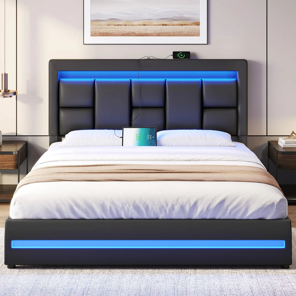 Queen Size Lift Up Storage Upholstered Platform Bed Frame with Charging Ports and LED Lights Z889
