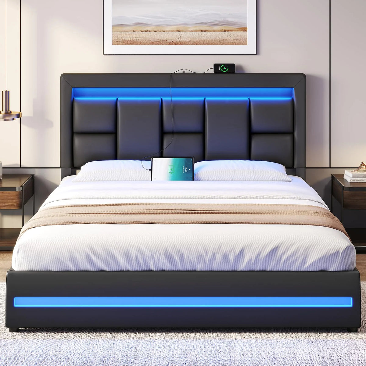 Queen Size Lift Up Storage Upholstered Platform Bed Frame with Charging Ports and LED Lights Z889