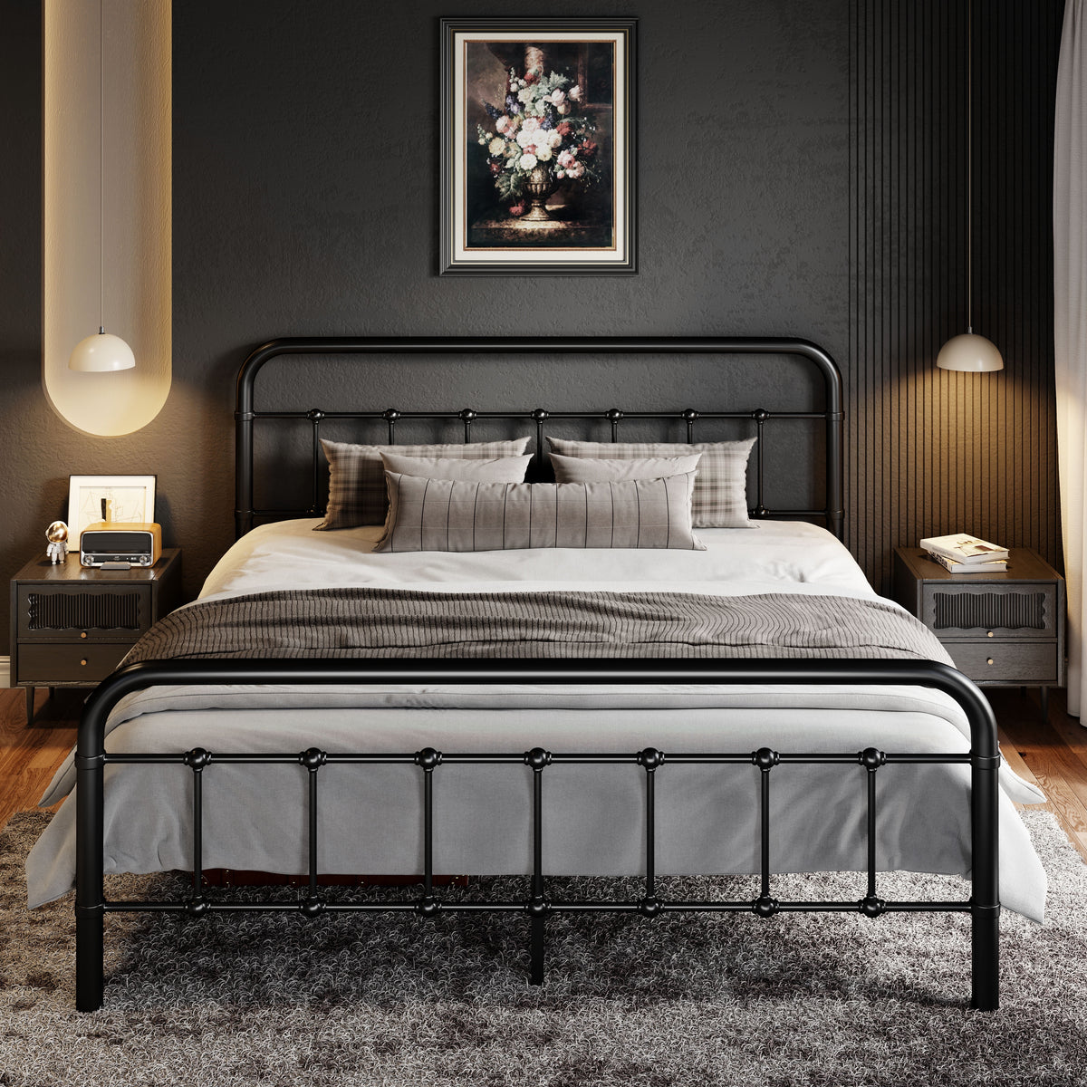 Queen Size Black Metal Platform Bed Frame with Headboard N71872