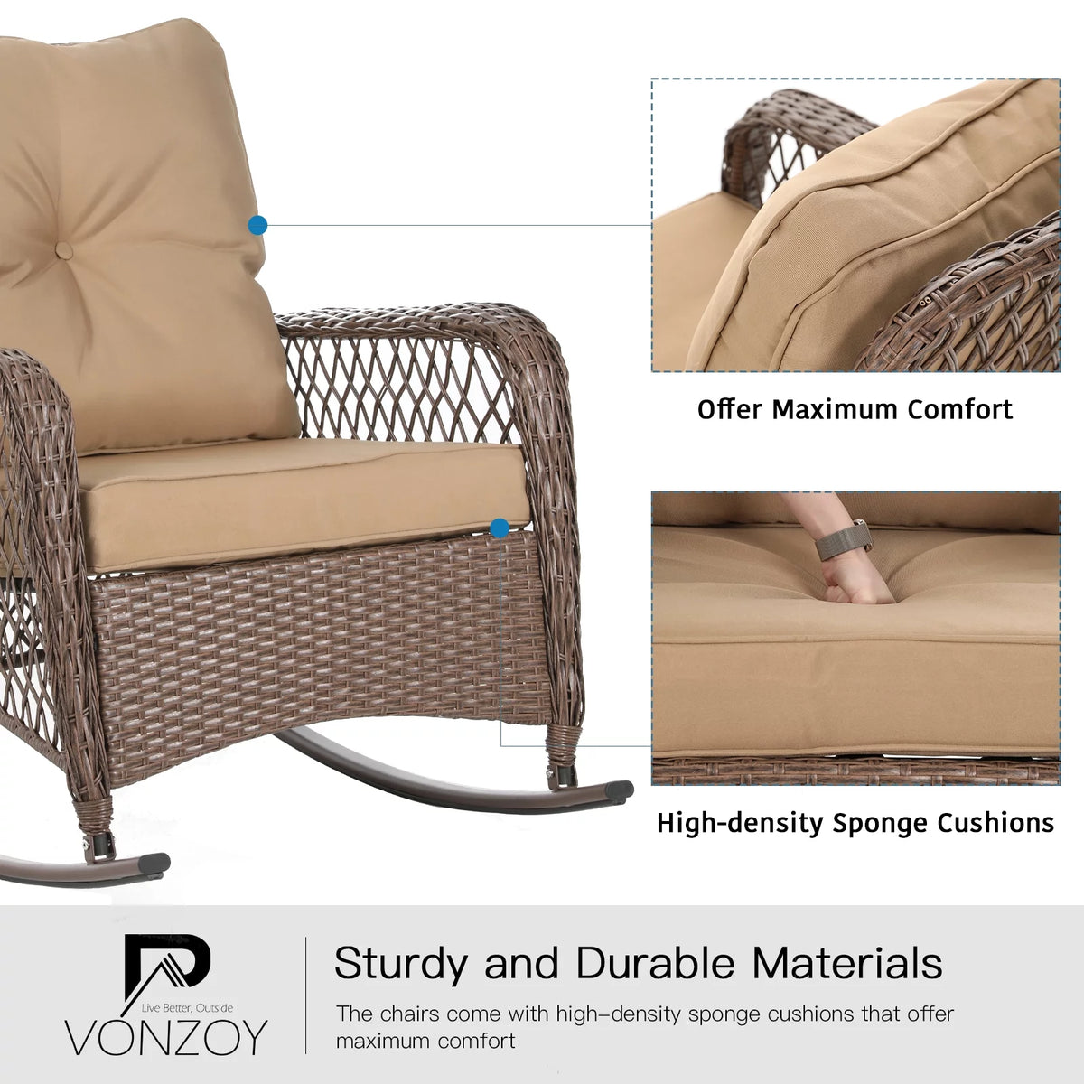 3-Piece Wicker Outdoor Rocking Chairs with Cushions and Table Z846199