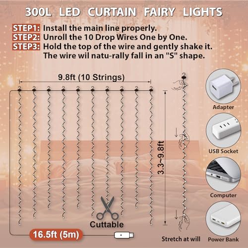300LED Warm White Fairy Curtain Lights 2 Pack Z33498