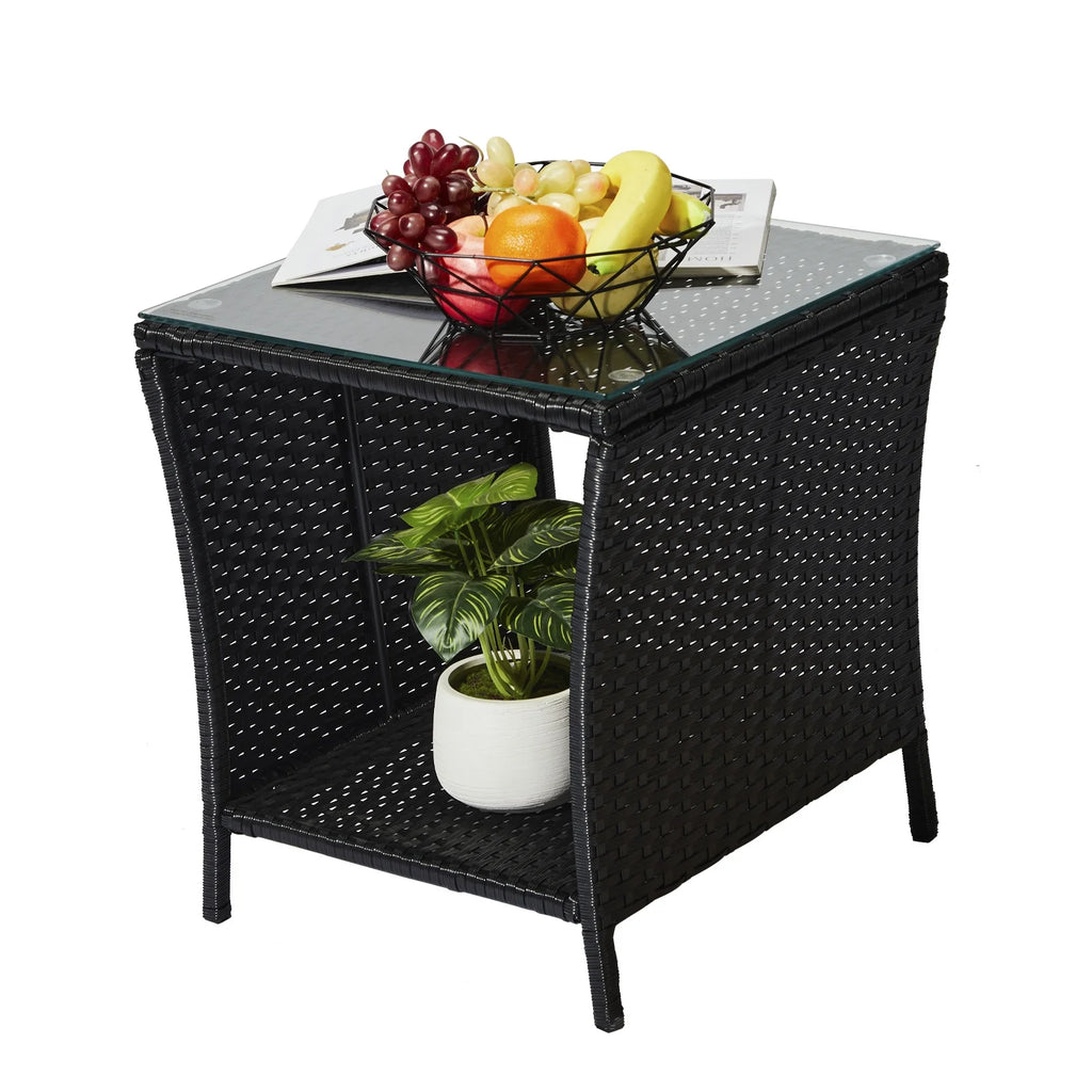 Square Wicker Side Table with Glass Top Storage Shelf R490