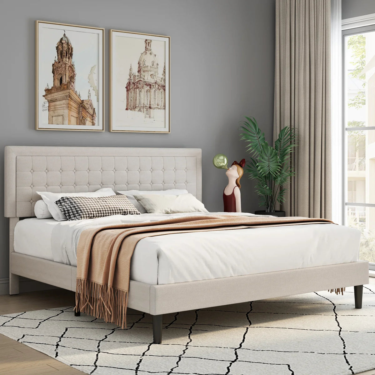 King Size Gray Linen Fabric Bed Frame with Tufted Headboard W320