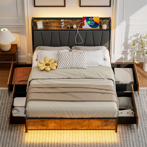 Queen Size Platform Bed Frame with Headboard Storage 4 Drawers X9658