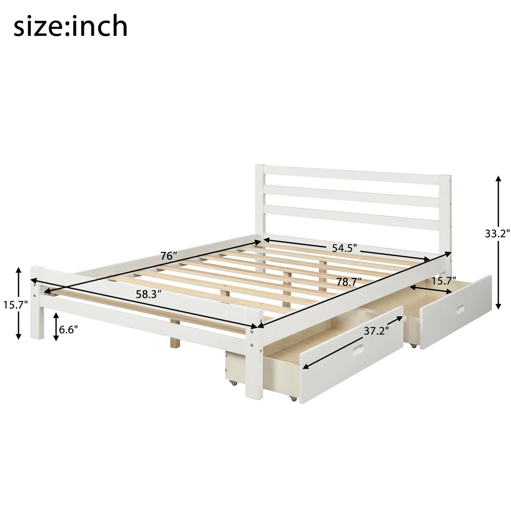 White Full Wood Platform Bed with Two Drawers U4834