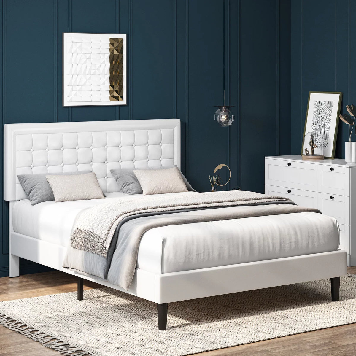 King Size Gray Linen Fabric Bed Frame with Tufted Headboard W320