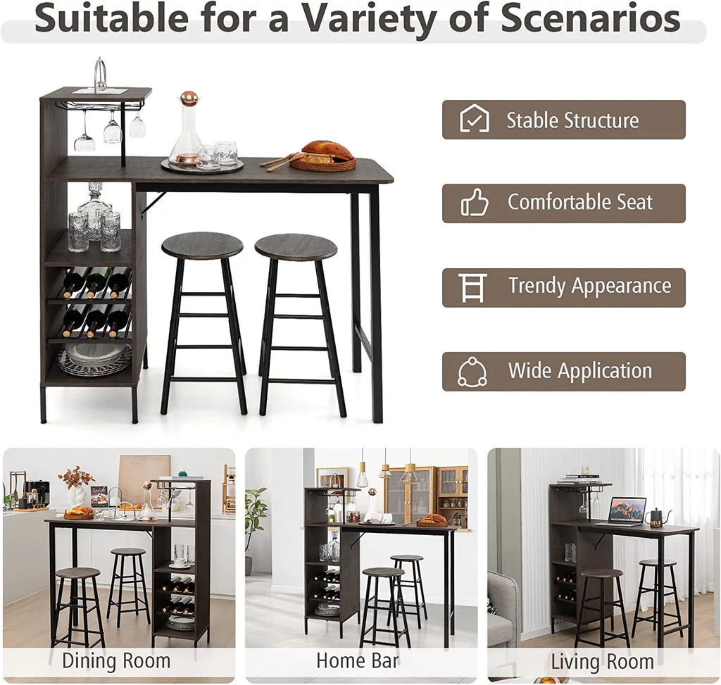Bar Table and Chairs Set for 2, 3-Piece Counter Height Dining Table Set with Shelves M16188