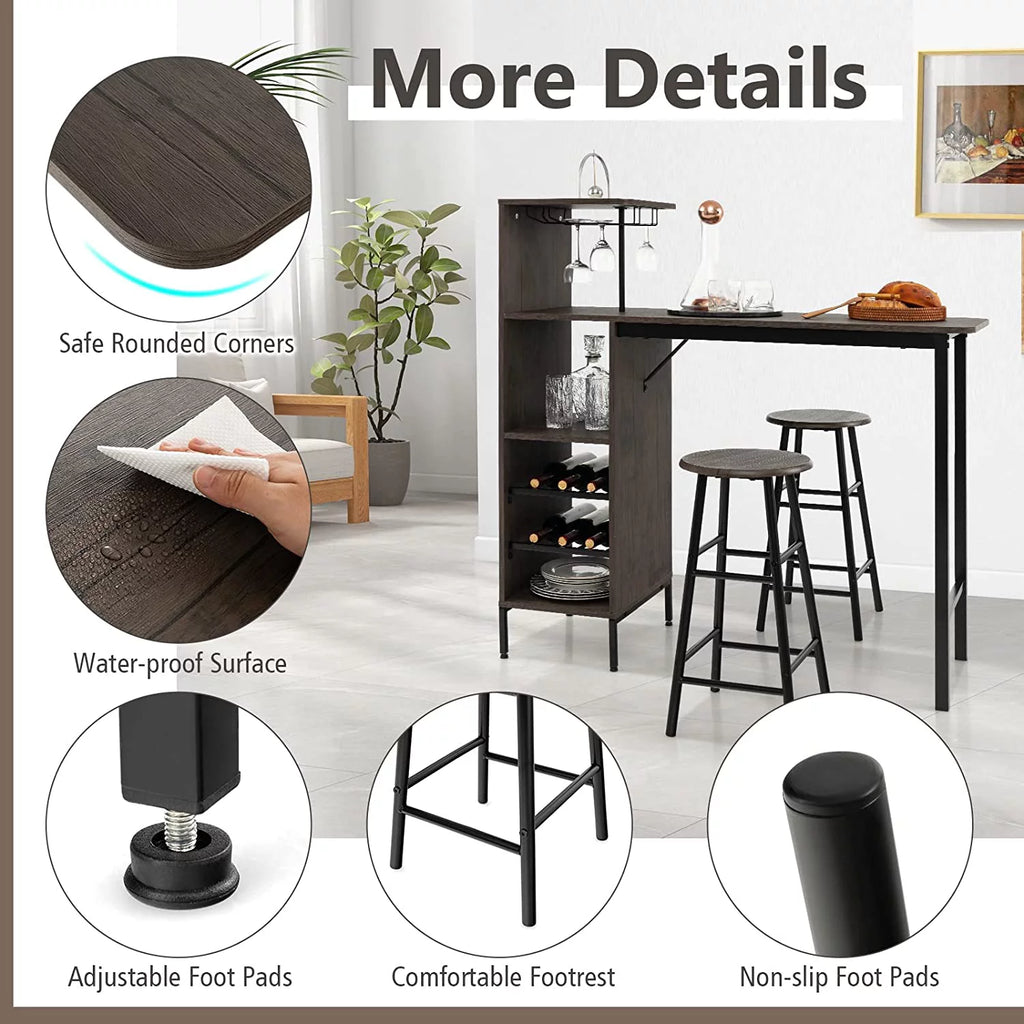 Bar Table and Chairs Set for 2, 3-Piece Counter Height Dining Table Set with Shelves M16188