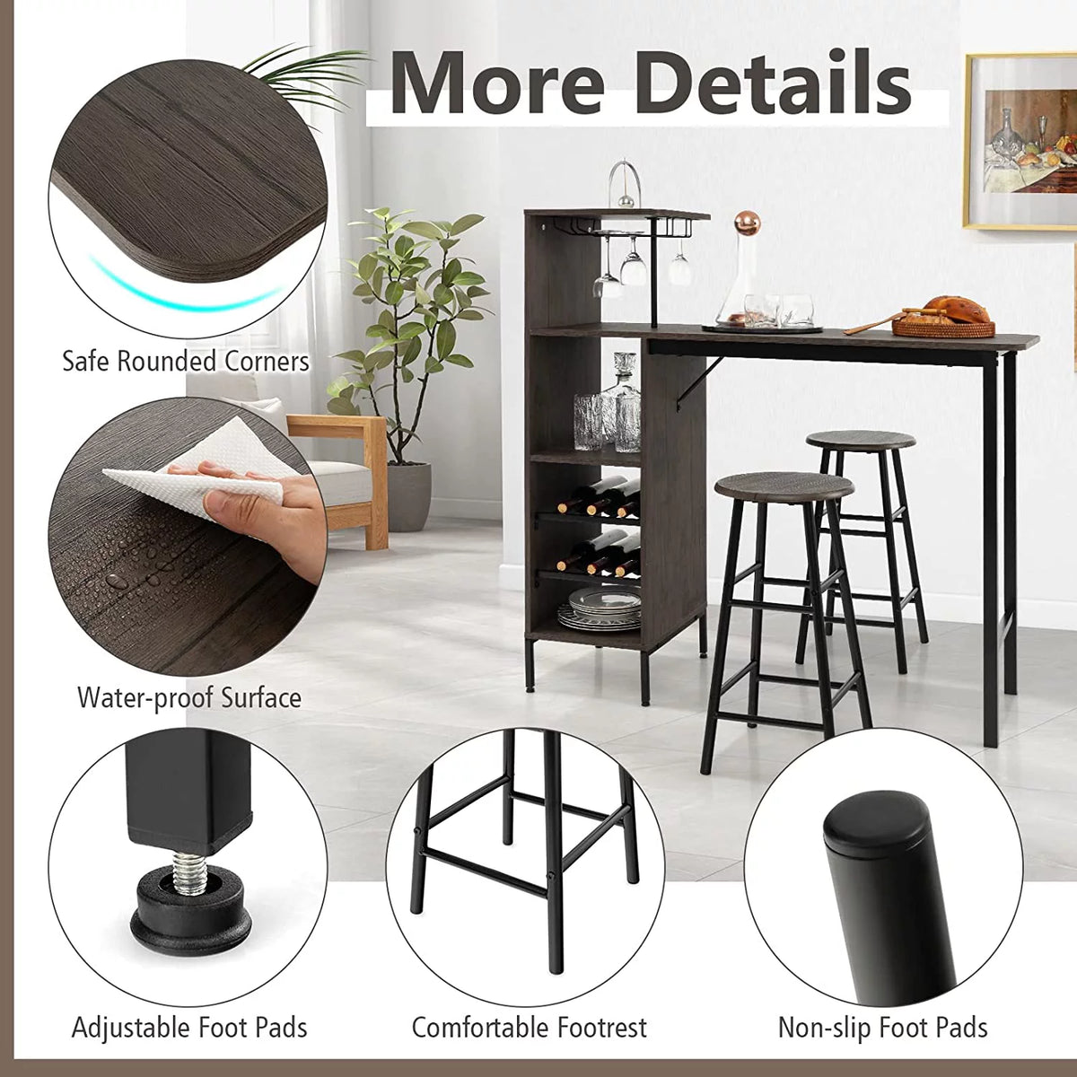 Bar Table and Chairs Set for 2, 3-Piece Counter Height Dining Table Set with Shelves M16188