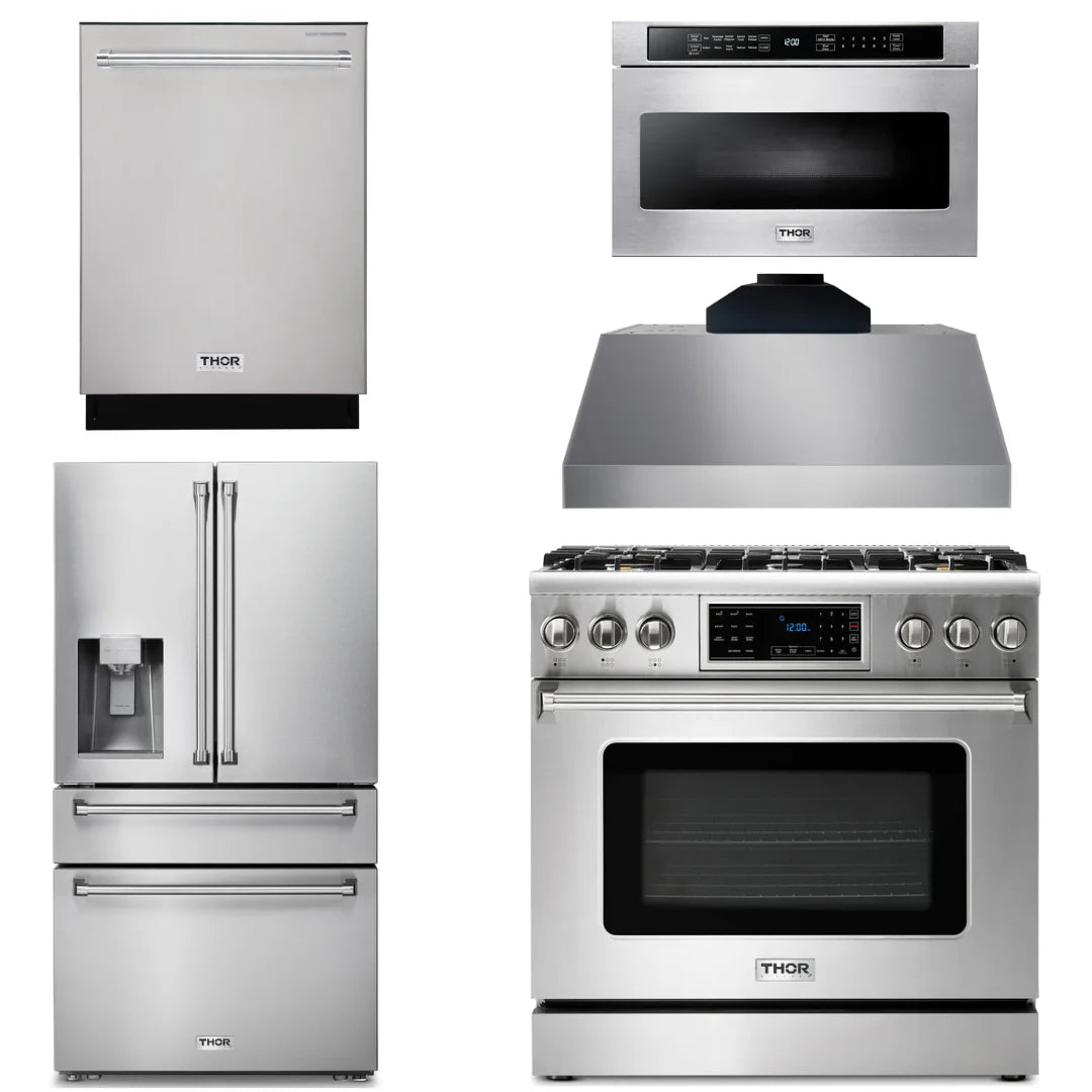 36 Gas Range, Range Hood, Microwave, Refrigerator with Water and Ice Dispenser, Dishwasher E89905