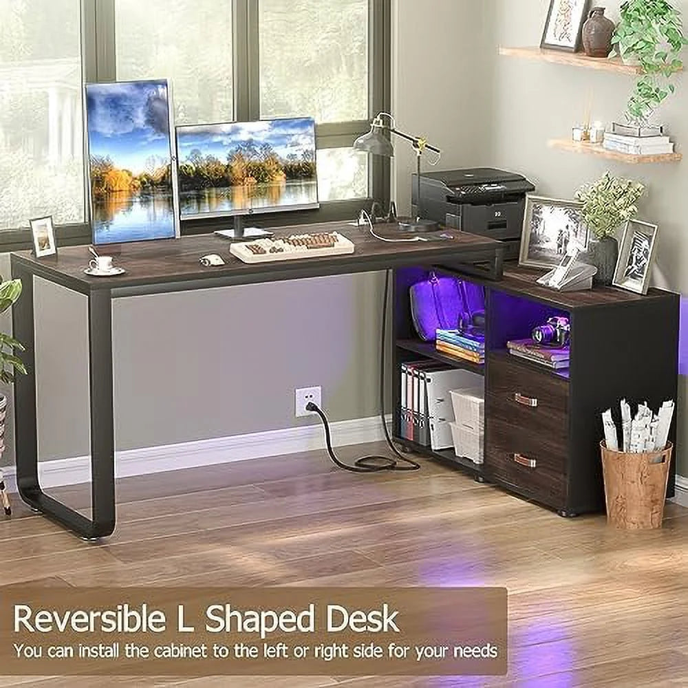 L Shaped Desk with File Cabinet and Power Outlet W548246