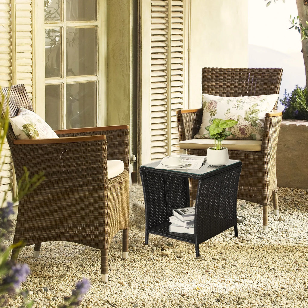 Square Wicker Side Table with Glass Top Storage Shelf R490