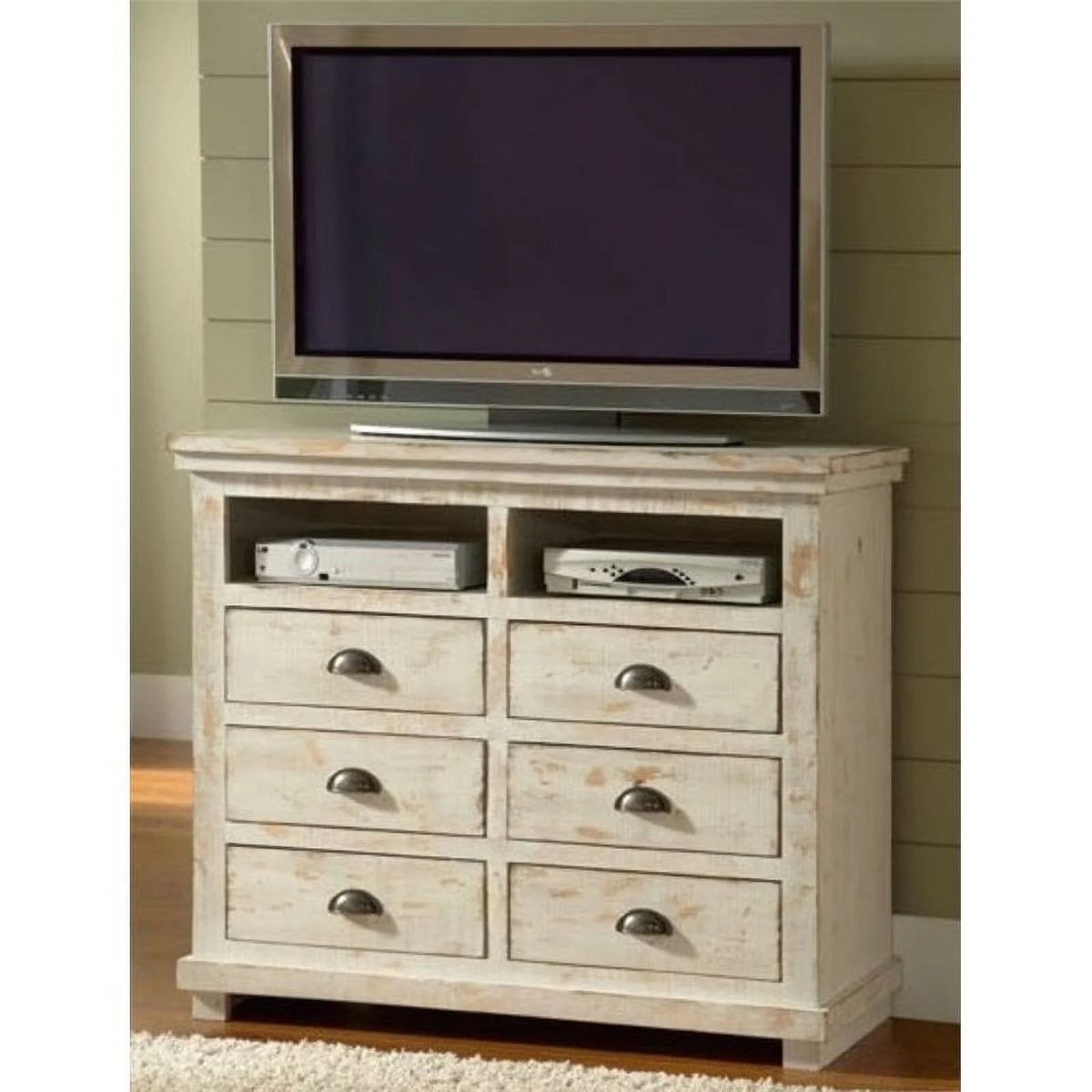 Distressed White 6 Drawer Wooden Media Chest D20986
