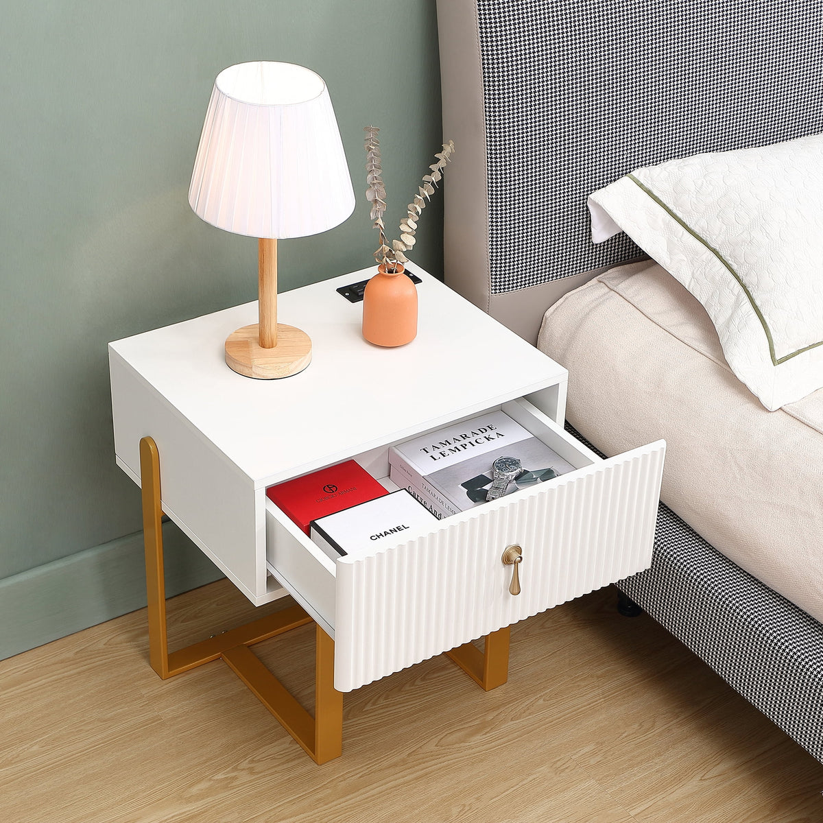 White Bedside Table with Drawers M722