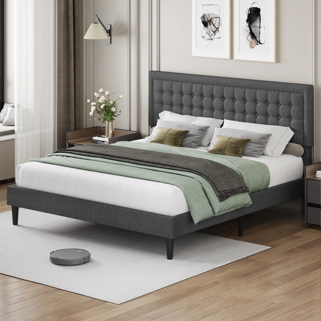 King Size Gray Linen Fabric Bed Frame with Tufted Headboard W320