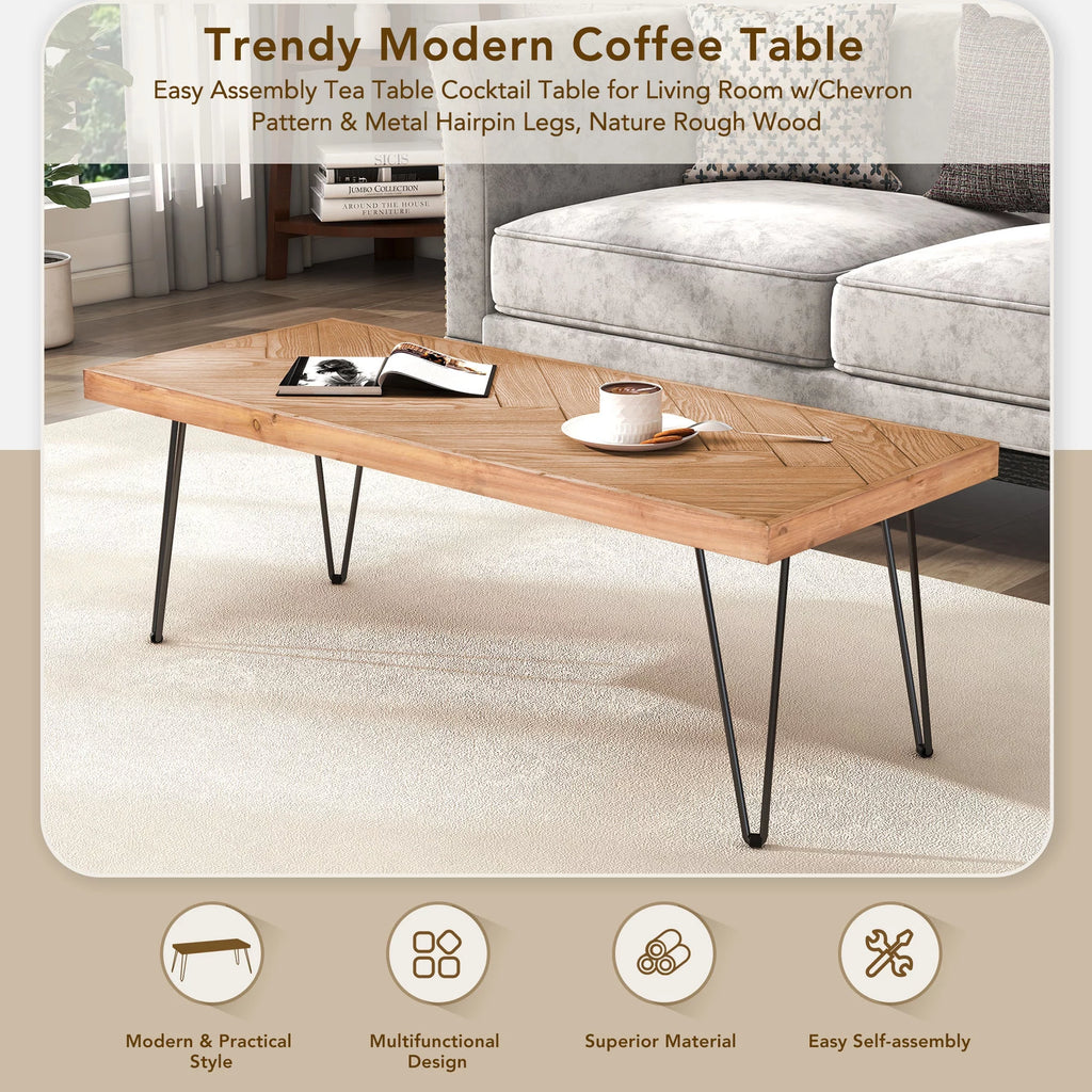 Modern Coffee Table with Chevron Pattern and Metal Hairpin Legs B41356