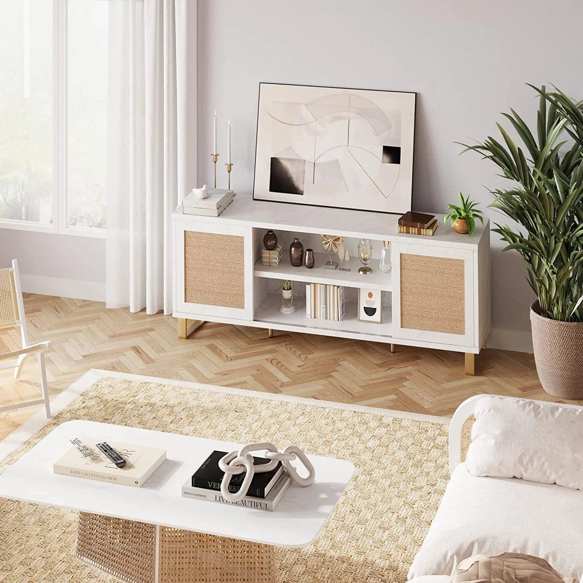 White TV Stand with Doors and Shelves T927