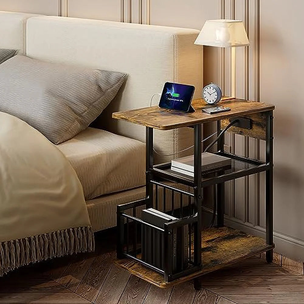 Brown Set of 2 Side Tables with USB Ports and Outlets X3835