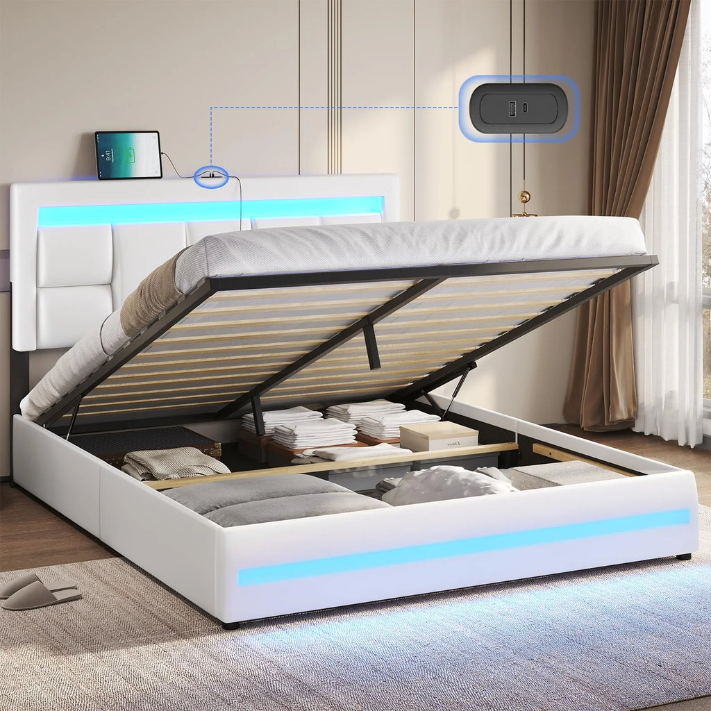 Queen Size Lift Up Storage Upholstered Platform Bed Frame with Charging Ports and LED Lights Z889
