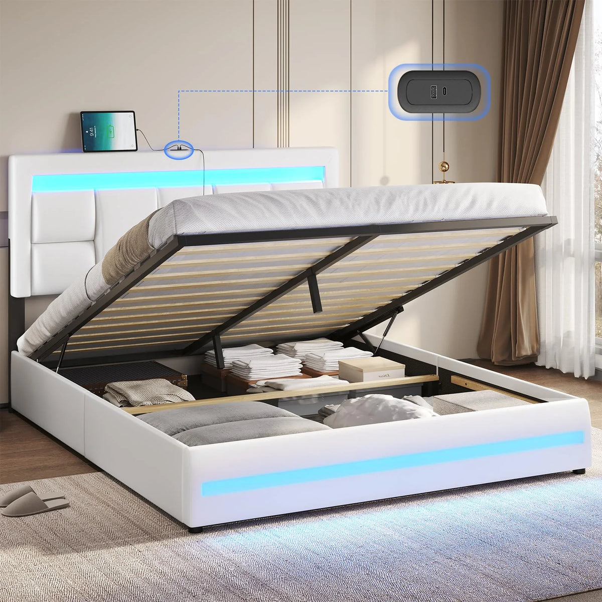Queen Size Lift Up Storage Upholstered Platform Bed Frame with Charging Ports and LED Lights Z889