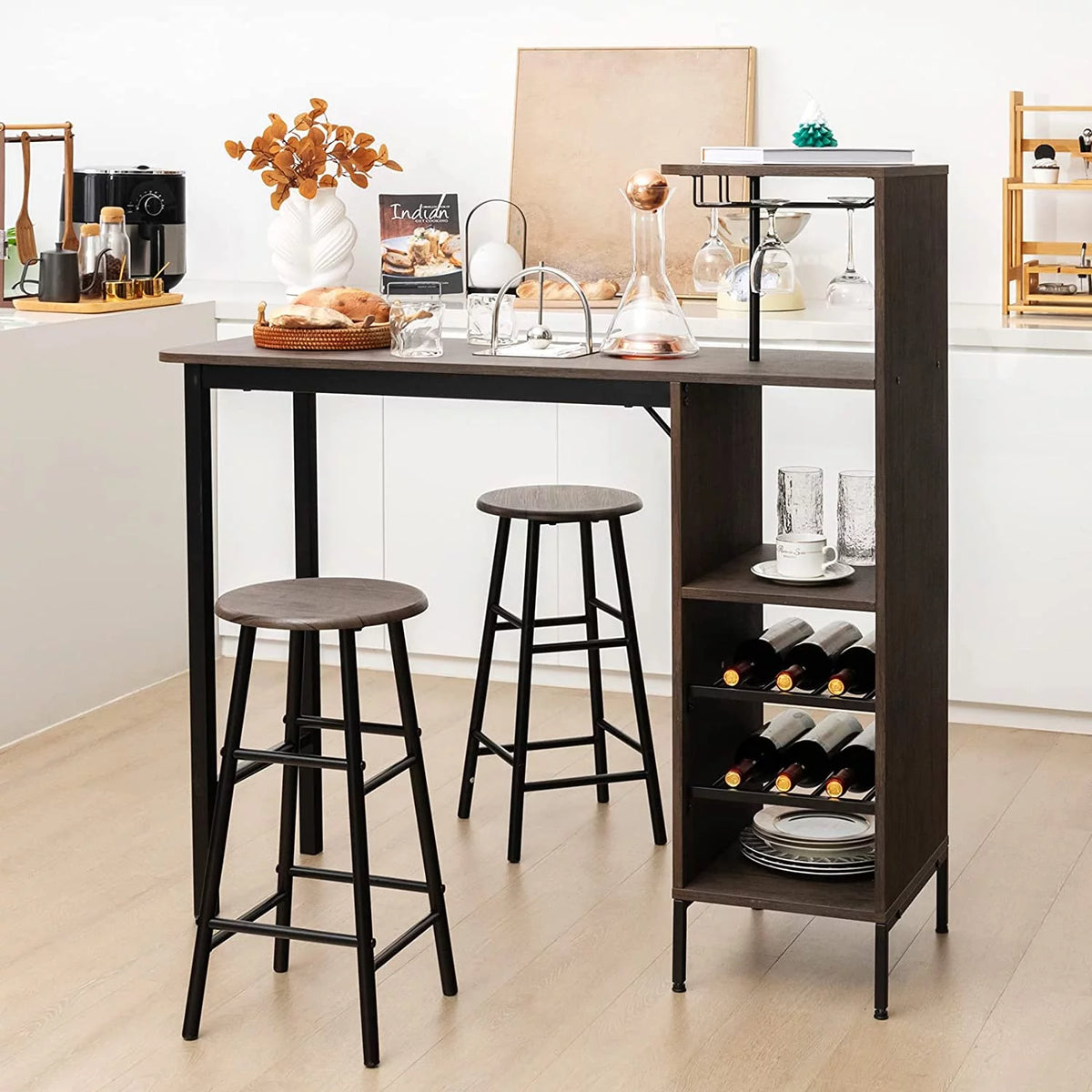 Bar Table and Chairs Set for 2, 3-Piece Counter Height Dining Table Set with Shelves M16188