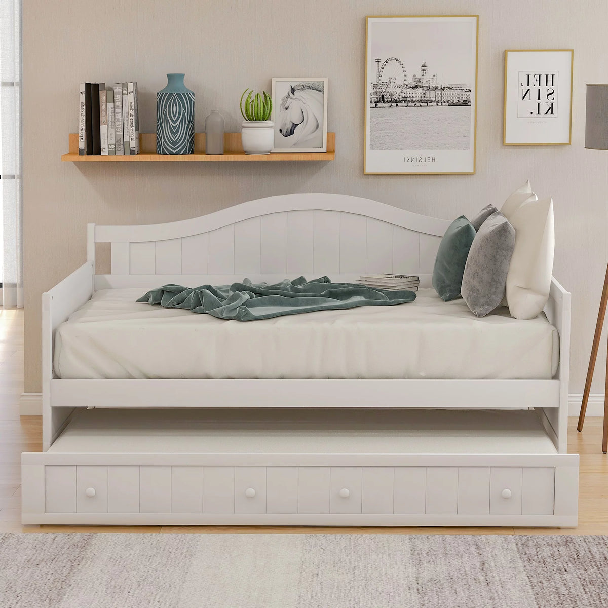 White Wooden Twin Size Daybed with Trundle Bed X756250