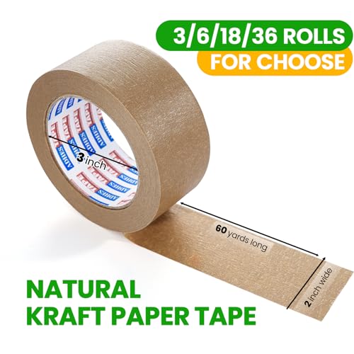 Kraft Paper Tape, 2 Inch x 60 Yards x 3 Rolls, Biodegradable Brown Packing Tape P37206