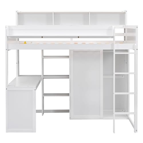 Twin Size Wood Loft Bed with Desk Storage and Wardrobe S9832