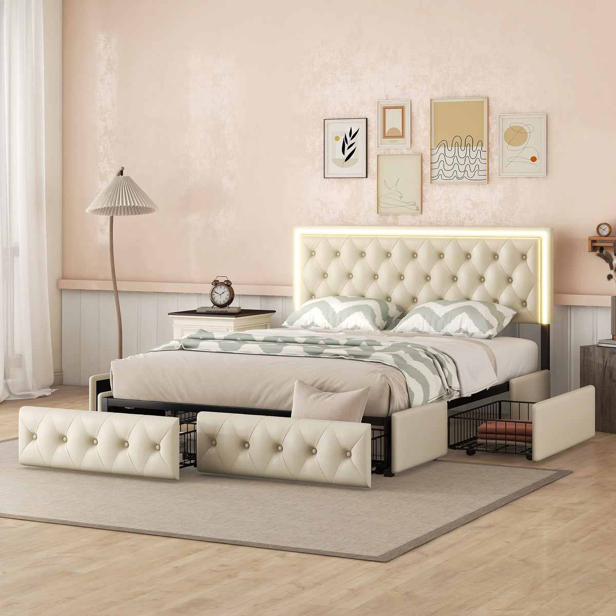 Beige Queen Upholstered Bed Frame with 4 Storage Drawers R7150