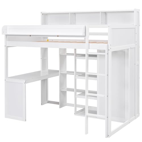 Twin Size Wood Loft Bed with Desk Storage and Wardrobe S9832