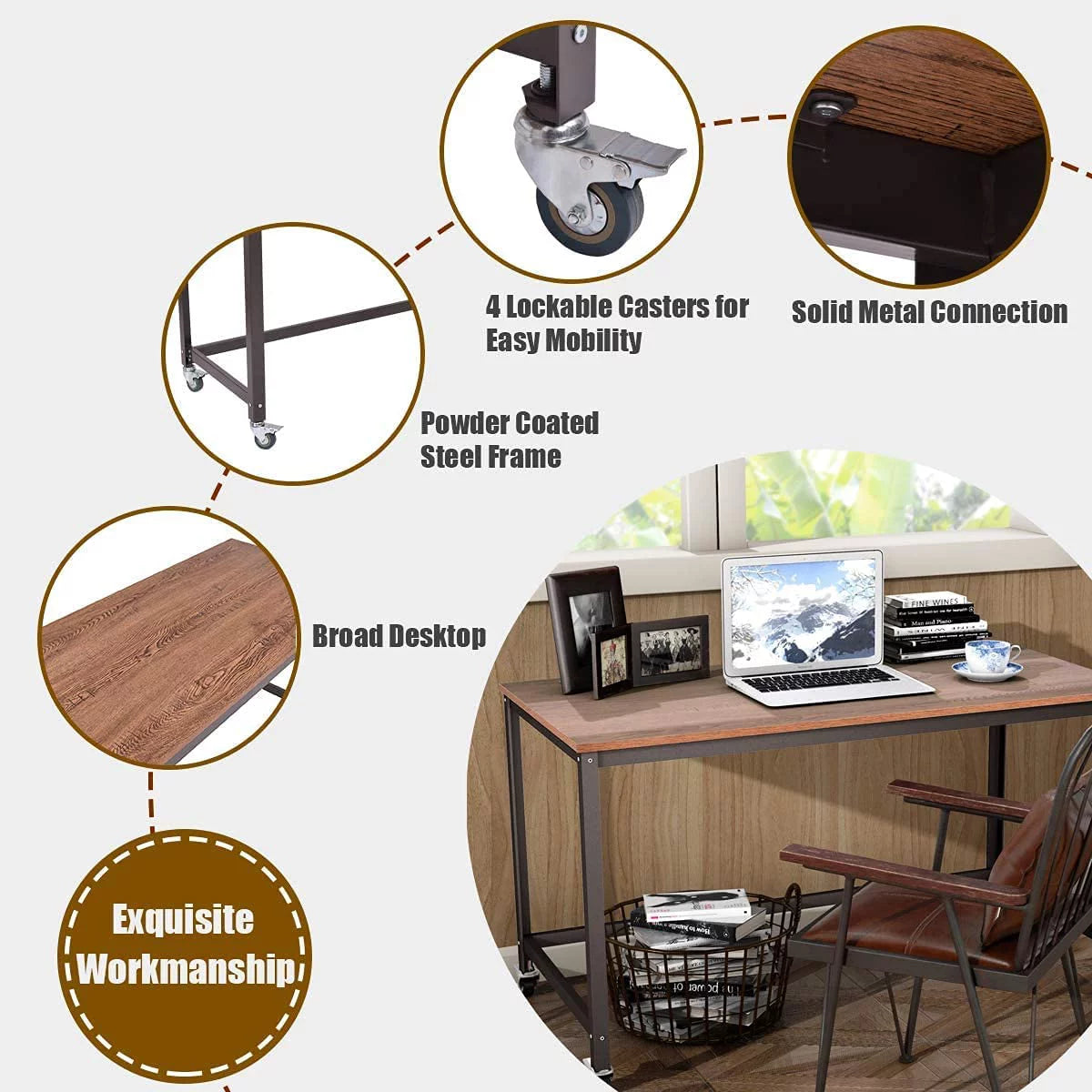 Rolling Computer Desk with 4 Wheels M891