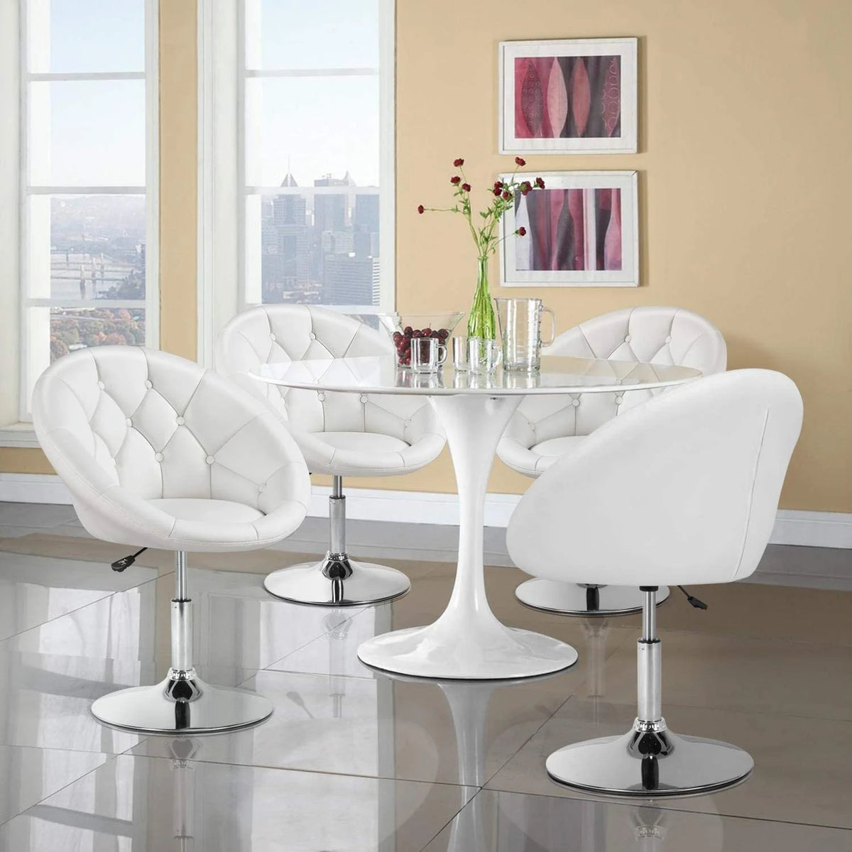 White Tufted Height Adjustable Swivel Accent Chair E11276