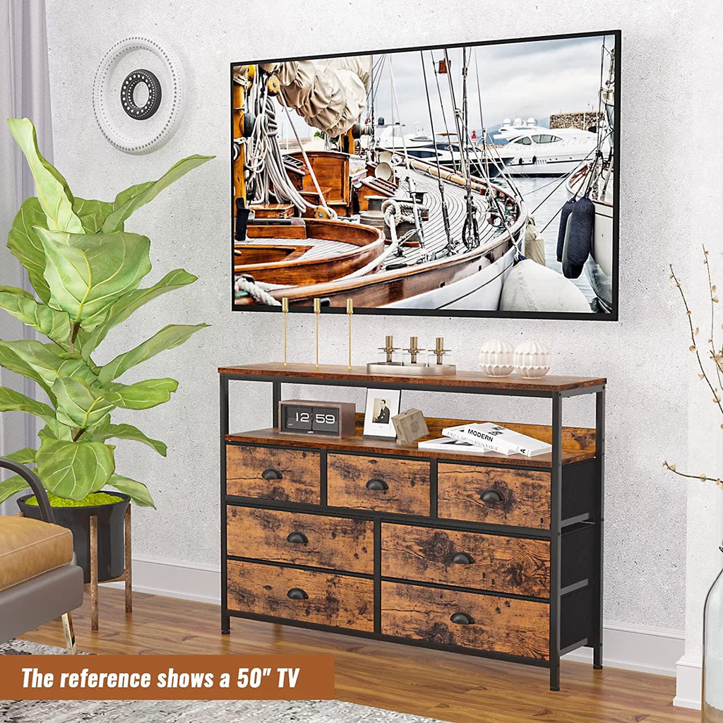 Rustic Brown TV Console Table with 7 Storage Drawers K935