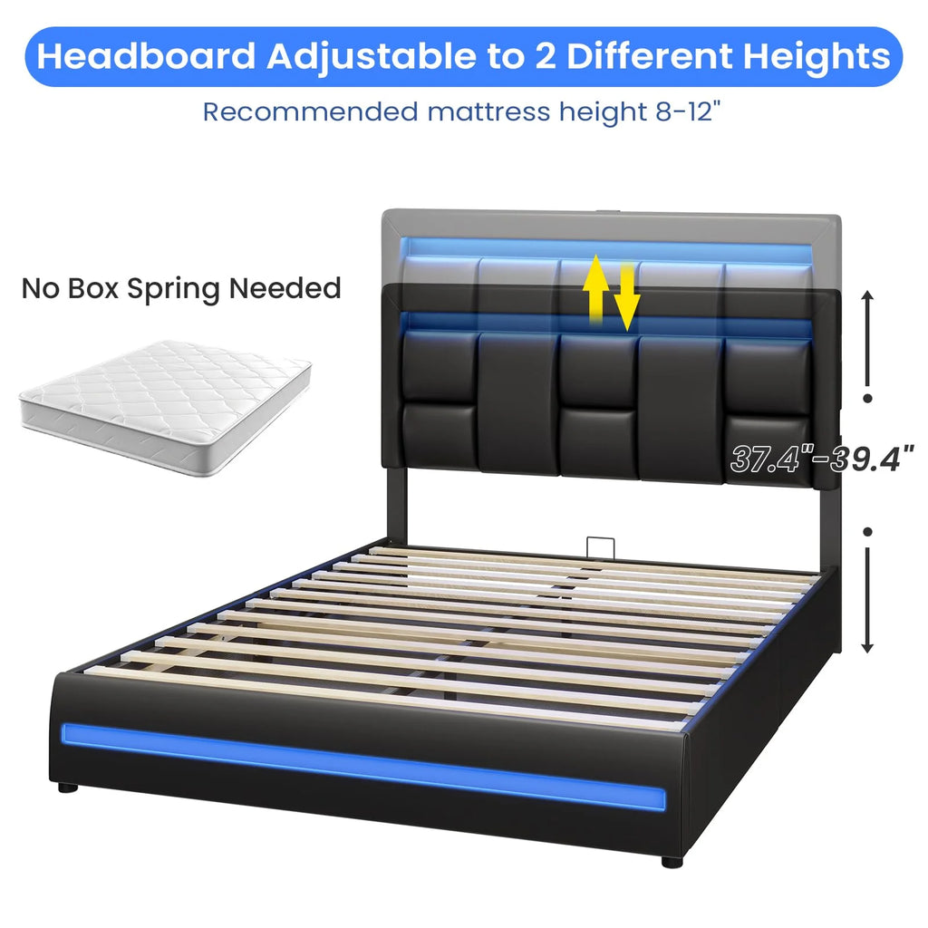 Queen Size Lift Up Storage Upholstered Platform Bed Frame with Charging Ports and LED Lights Z889