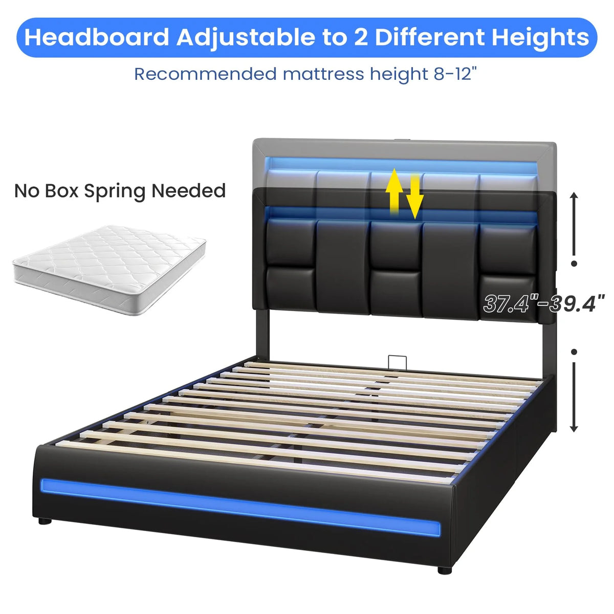 Queen Size Lift Up Storage Upholstered Platform Bed Frame with Charging Ports and LED Lights Z889