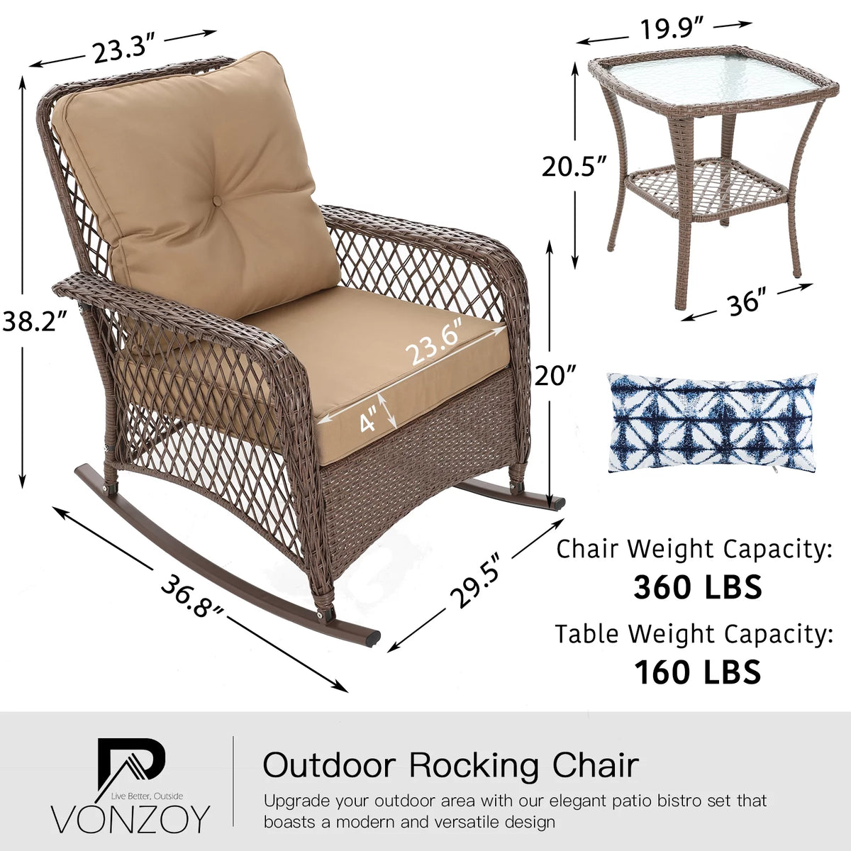 3-Piece Wicker Outdoor Rocking Chairs with Cushions and Table Z846199